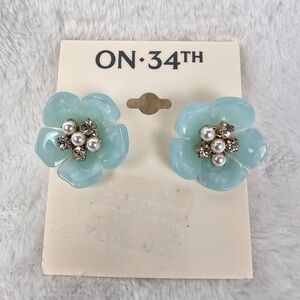 ON 34TH Blue Floral Statement Stud Earrings Pearl Rhinestone